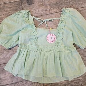 Nwt Umgee Women's Green Ruffle Babydoll Top Medium